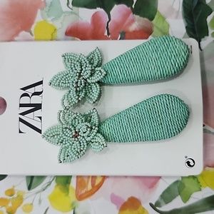 Zara Mint green seed beaded floral jute bold dangle teardrop pierced earrings